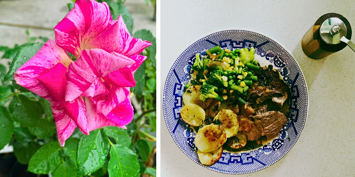Left/ Claude Monet rose Right/ Slow Roasted Lamb with veggies