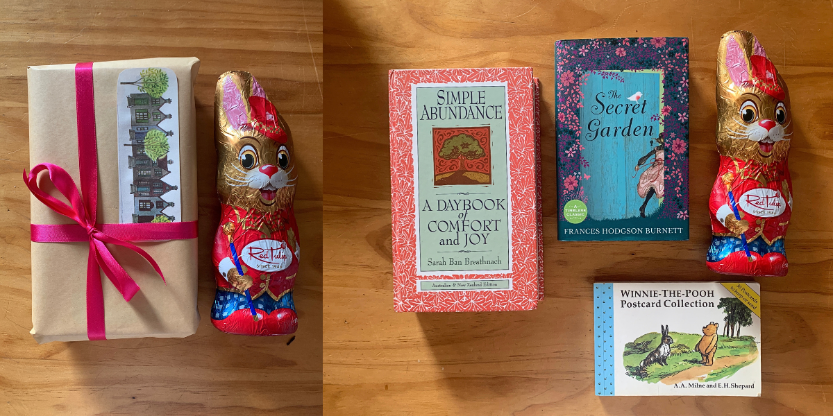 L/ Present for Gemma and chocolate bunny R/ Simple Abundance book, The Secret Garden book, Chocolate bunny and Winnie the Pooh Postcard book from the op shop