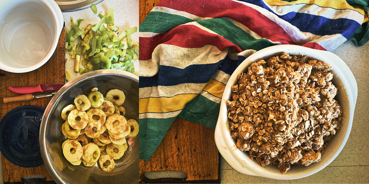 Apple crumble ingredients and pre-baked crumble