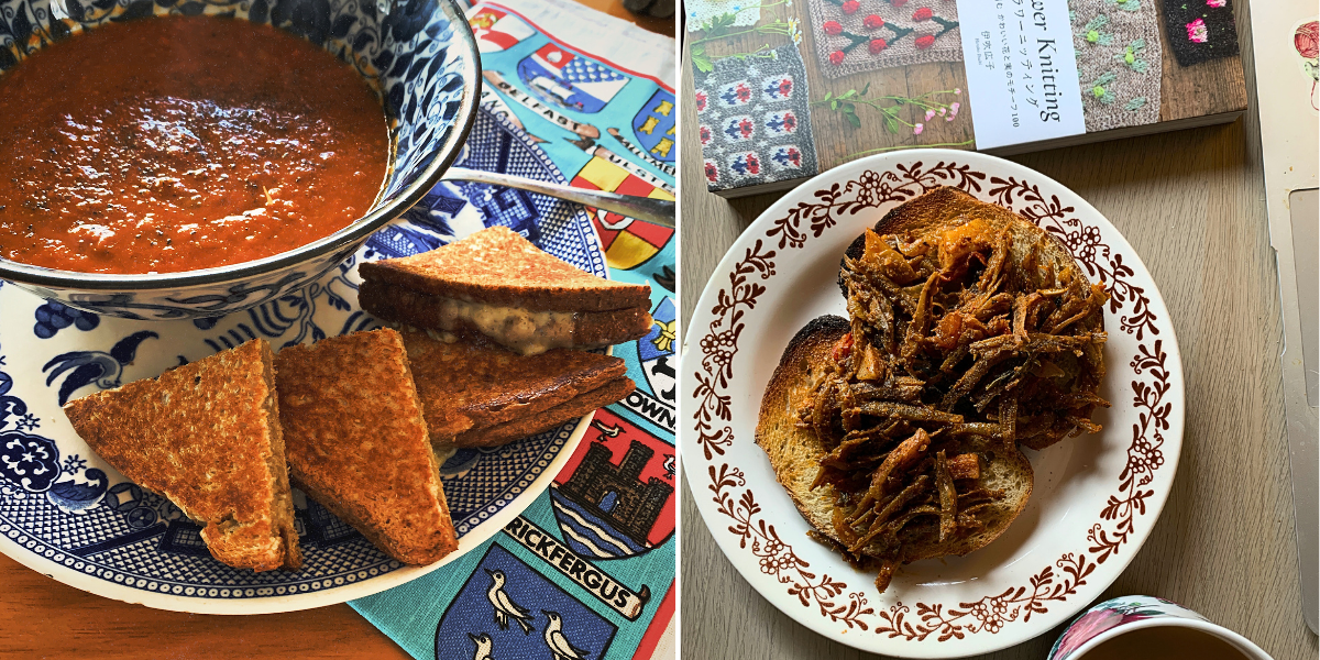 L/ tomato soup and grilled cheese R/ Ikan Bilis on toast beside a knitting book
