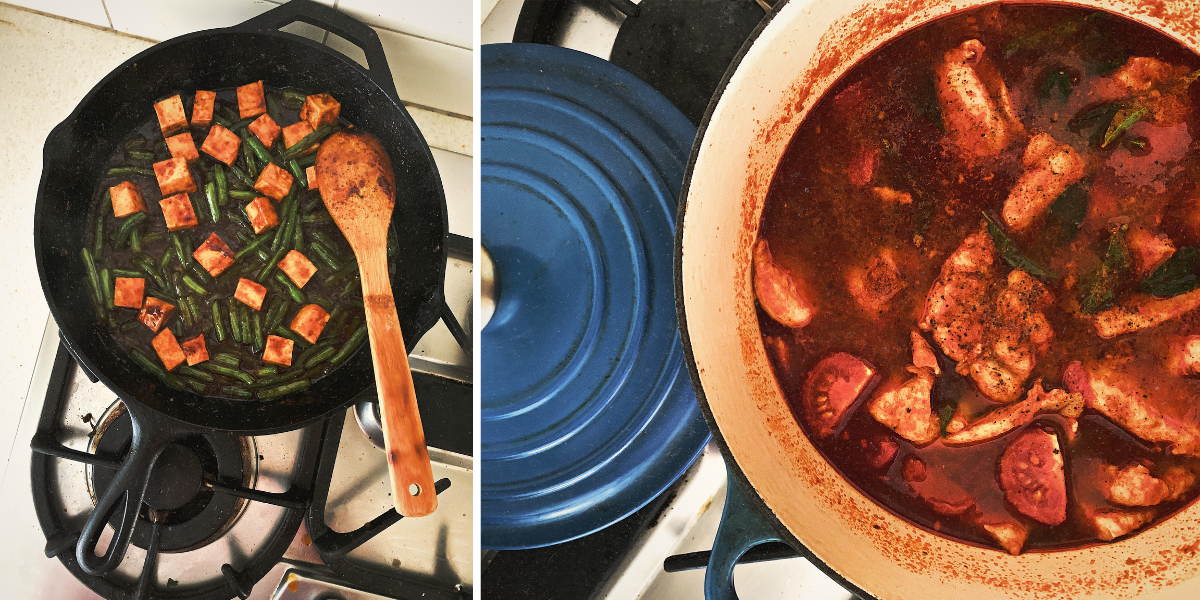L/ pan of tofu and green beans R/ blue pot of fish curry