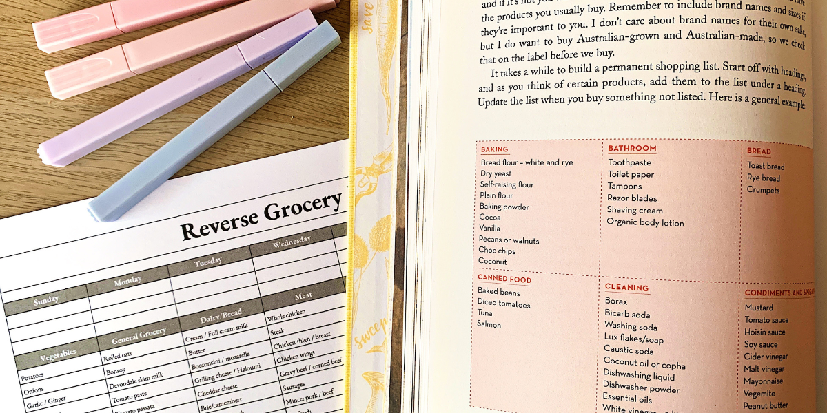 Highlighter pens, a reverse grocery list, an open book