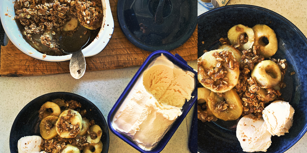 Apple crumble with a tub of ice cream