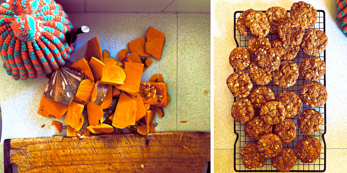 L/ Pumpkin scraps and a chopping board R/ Anzac biscuits