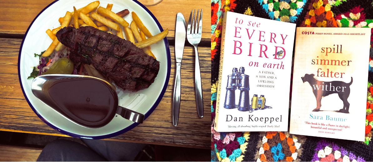 L/ Pub dinner R/ Cute book called To See Every Bird on Earth