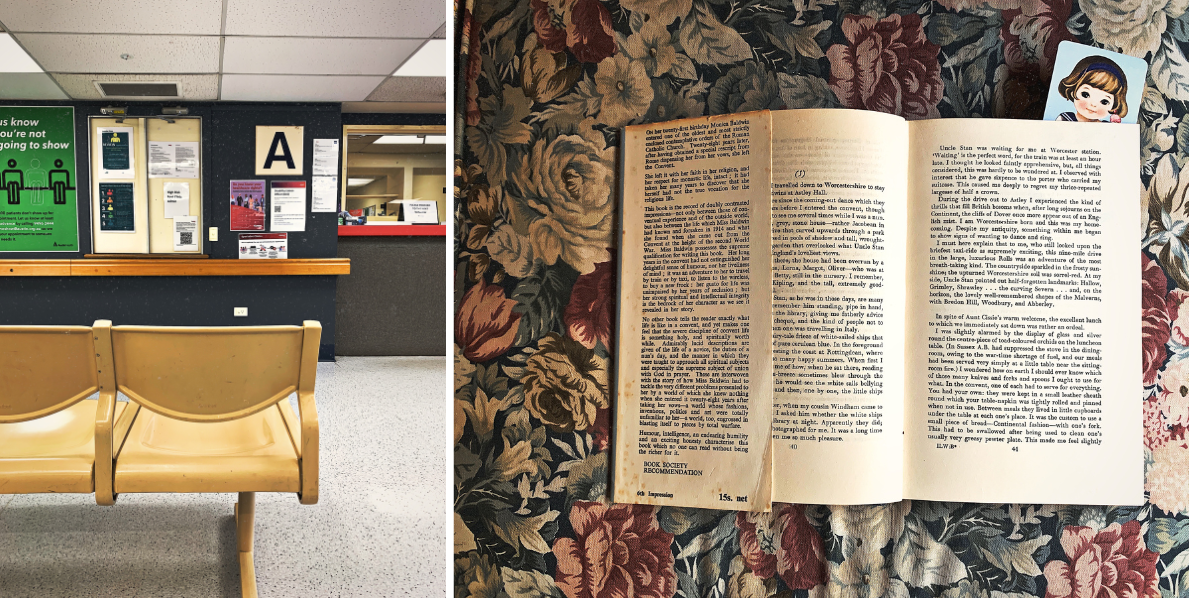 L/ Hospital waiting room R/ Page spread from I Leap Over The Wall