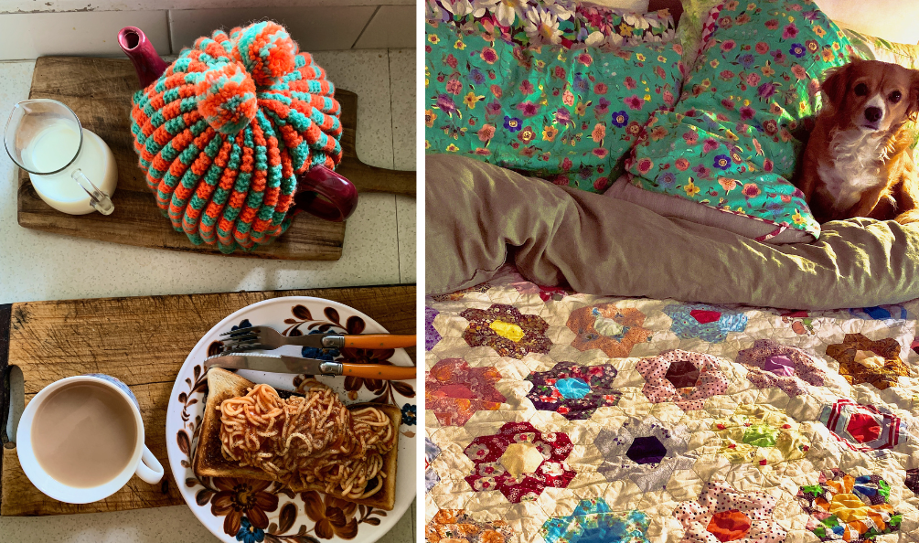 L/ Spaghetti on toast and a teapot and cup of tea R/ Peach the pup in a colourful bed complete with hexagon quilt