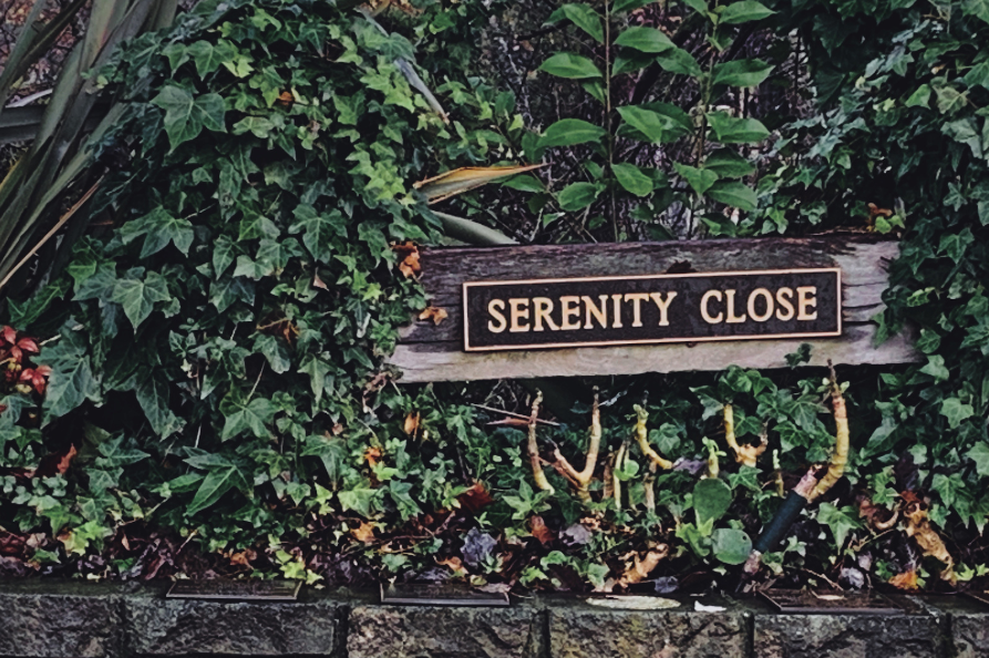 A garden scene with a sign that says Serenity Close