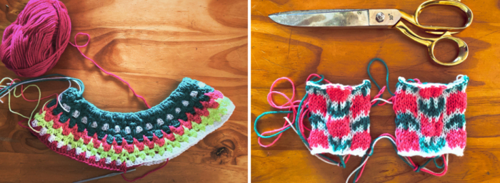 L/ a crochet project, R/ flowery knitted squares