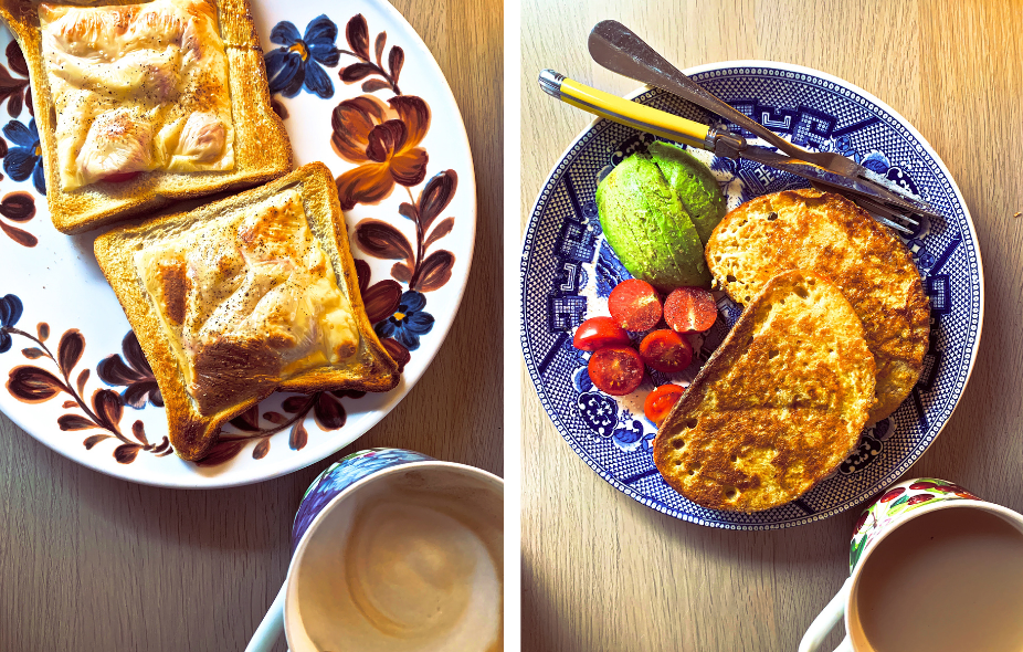 L/ Cheese on toast R/ Eggy Bread with tomato and avocado