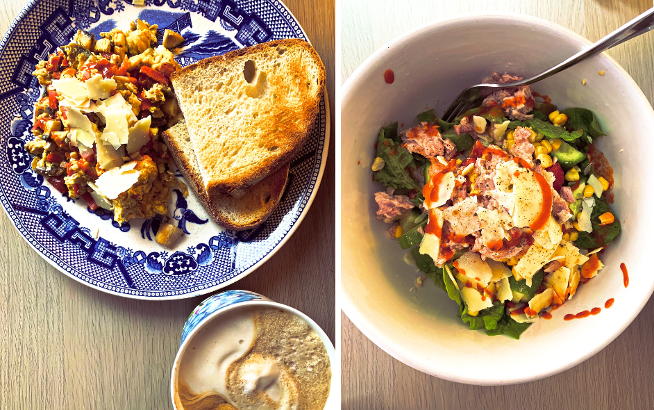 L/ veggie and egg scramble w toast R/ Salad with tuna, lettuce, corn, tomato