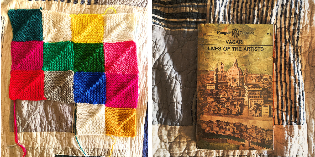 L/ mitred square knitted blanket r/ lives of the artists by Vasari
