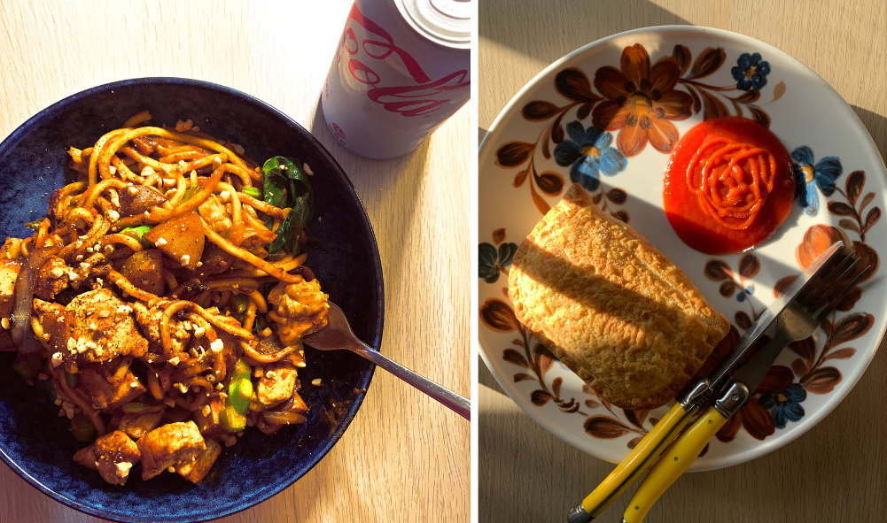 L/ noodle dinner and R/ vegetable pastie for lunch