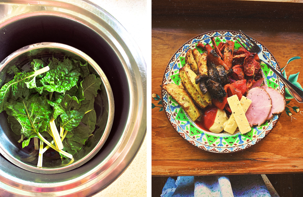 L/ Silver beet from the garden R/ a plate of snacks things for dinner