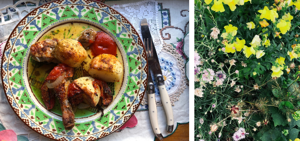 L/ Chicken traybake R/ Flowers in my garden