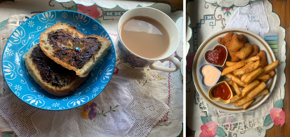 L/ Promite on toast with tea R/ Chips and nuggets!