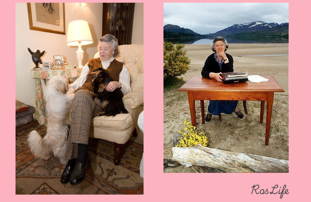 L/ An elderly Ros at home with her dogs R/ Ros in a field with her typewriter and desk. A lake is in the distance.