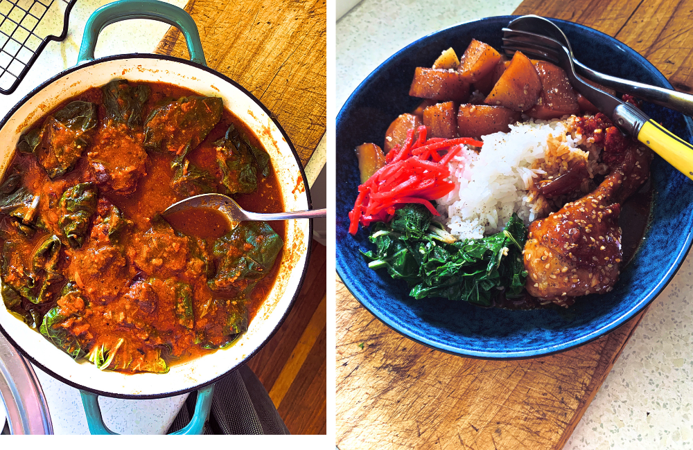L/ silverbeet roll curry and R/ a rice bowl with lots of goodies