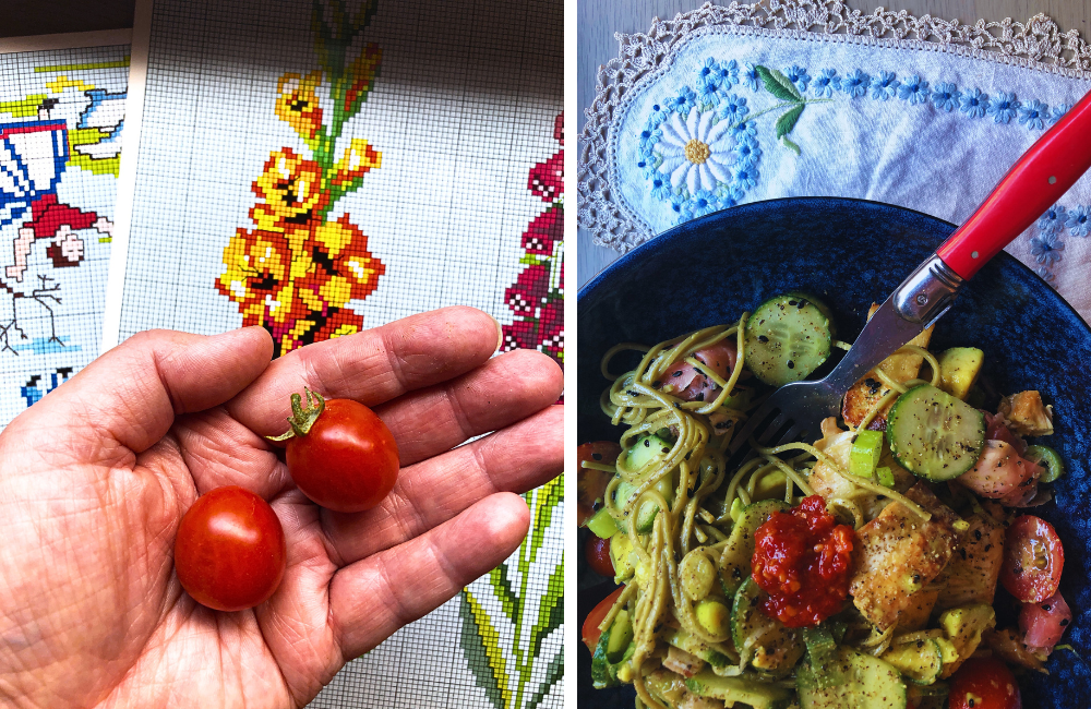 L/ tomatoes from the garden R/ green tea noodle salad