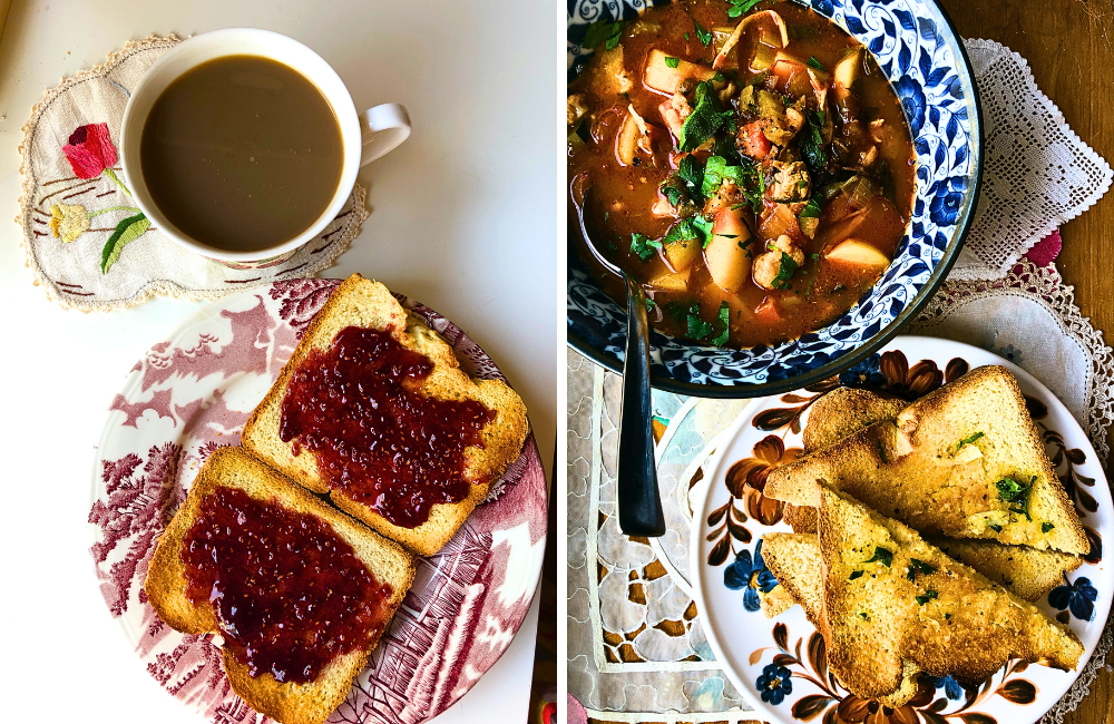 L/ Jam toast and coffee R/ Garbage soup and garlic toast