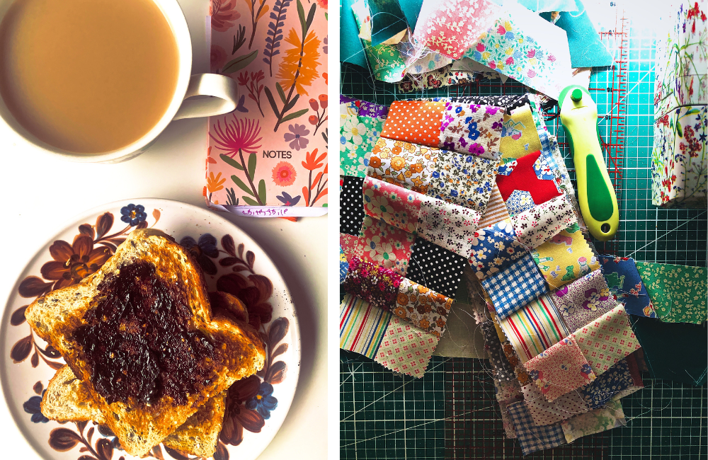 L/ Breakfast! R/ some patchwork in progress