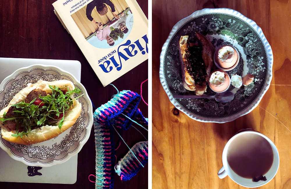 L/ Meatloaf roll with crochet and cookbook R/ Eggs and soldiers
