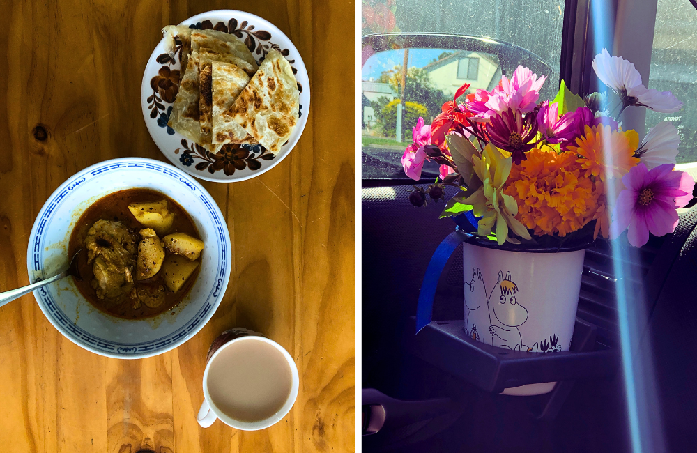 L/ Chicken curry and roti and R/ taking flowers to Rin and June