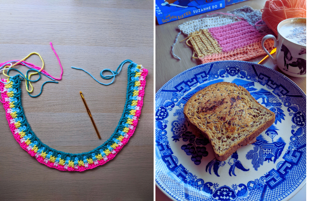 L/ snuggle stitch beginnings R/ sandwich and a glimpse of Log Cabin crochet