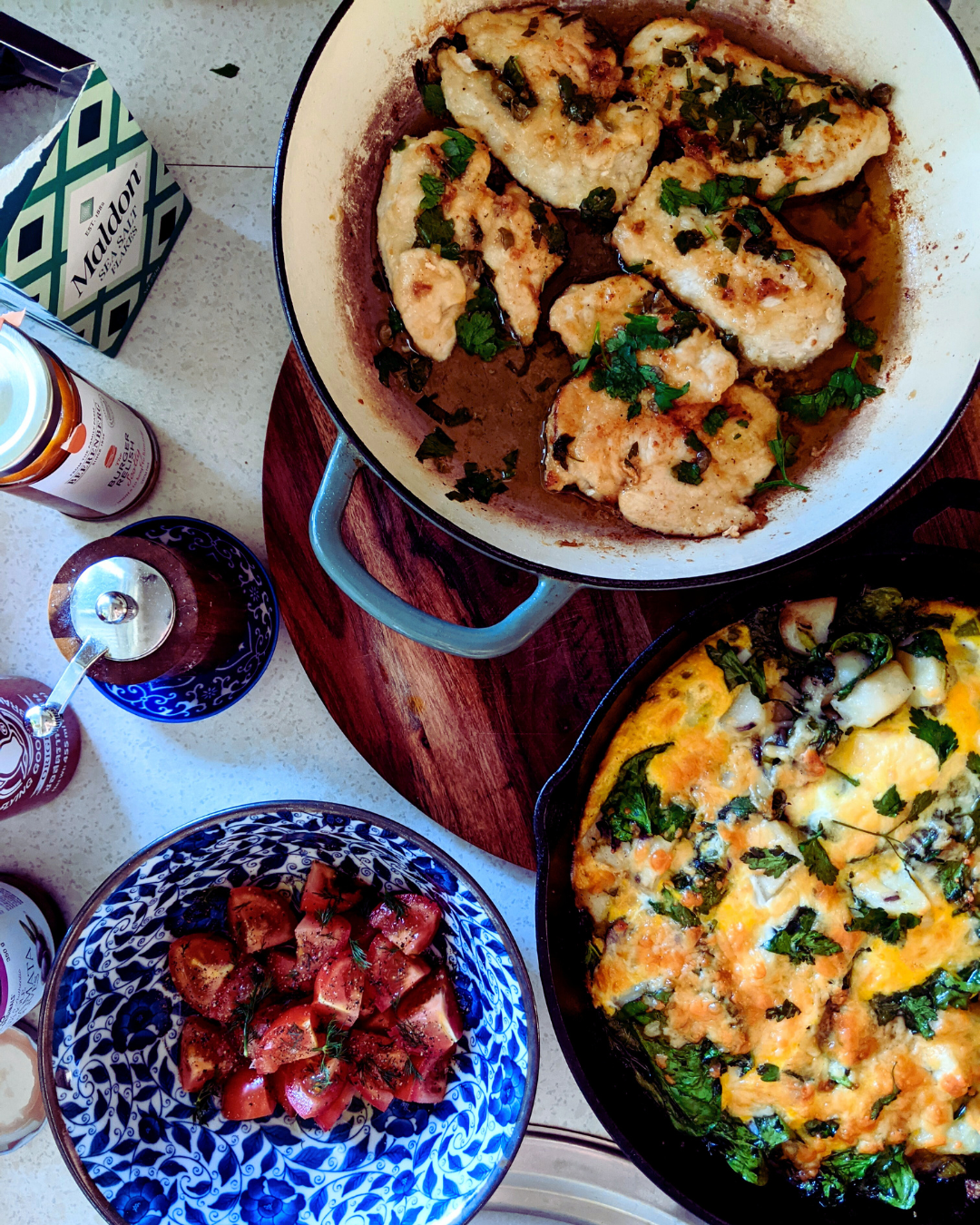 Dinner: Tessa Kiros' chicken escalopes, tomato salad, Marie Claire frittata