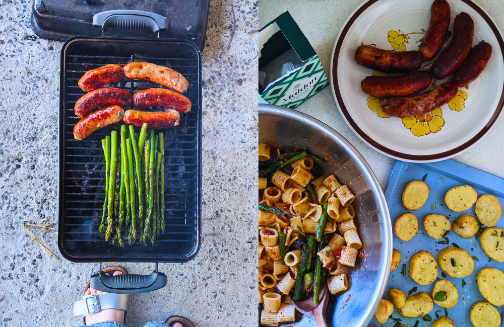 L/ BBQ sausages and asparagus R/ Pasta salad, roasted potato slices and BBQ sausages