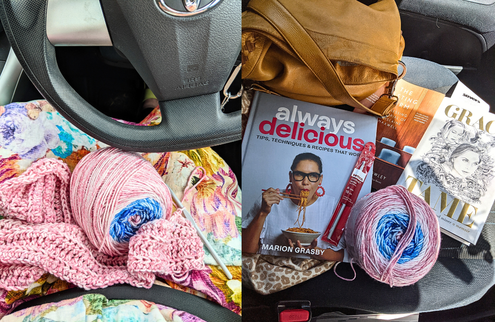 Photos from the front seat of my car - picking Ari up from study placement in Heidelberg - op shopped book, car crochet, old Nancy Bird bag