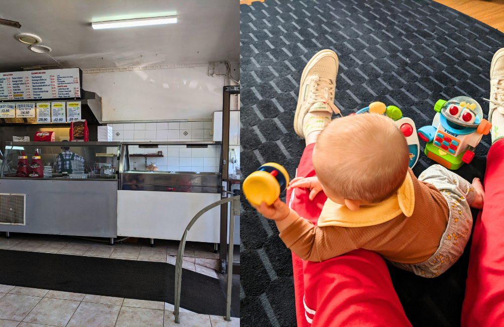 L/ the local fish and chip shop R/ playing with June Bug