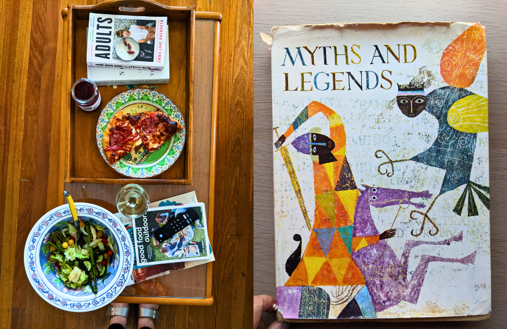 L/ ALDI pizza and salad for dinner R/ Myths and Legends illustrated by The Provensens