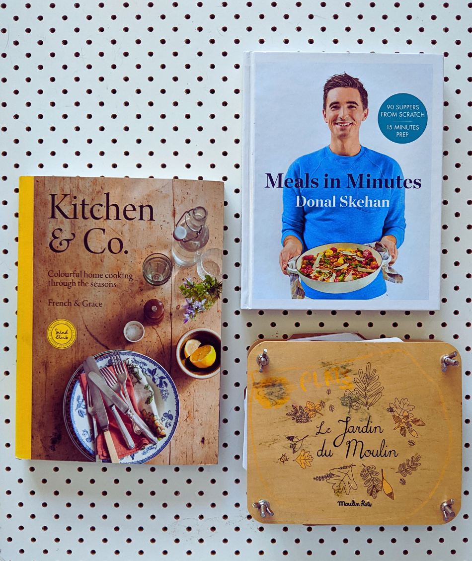 Cookbooks and flower press from Saver's