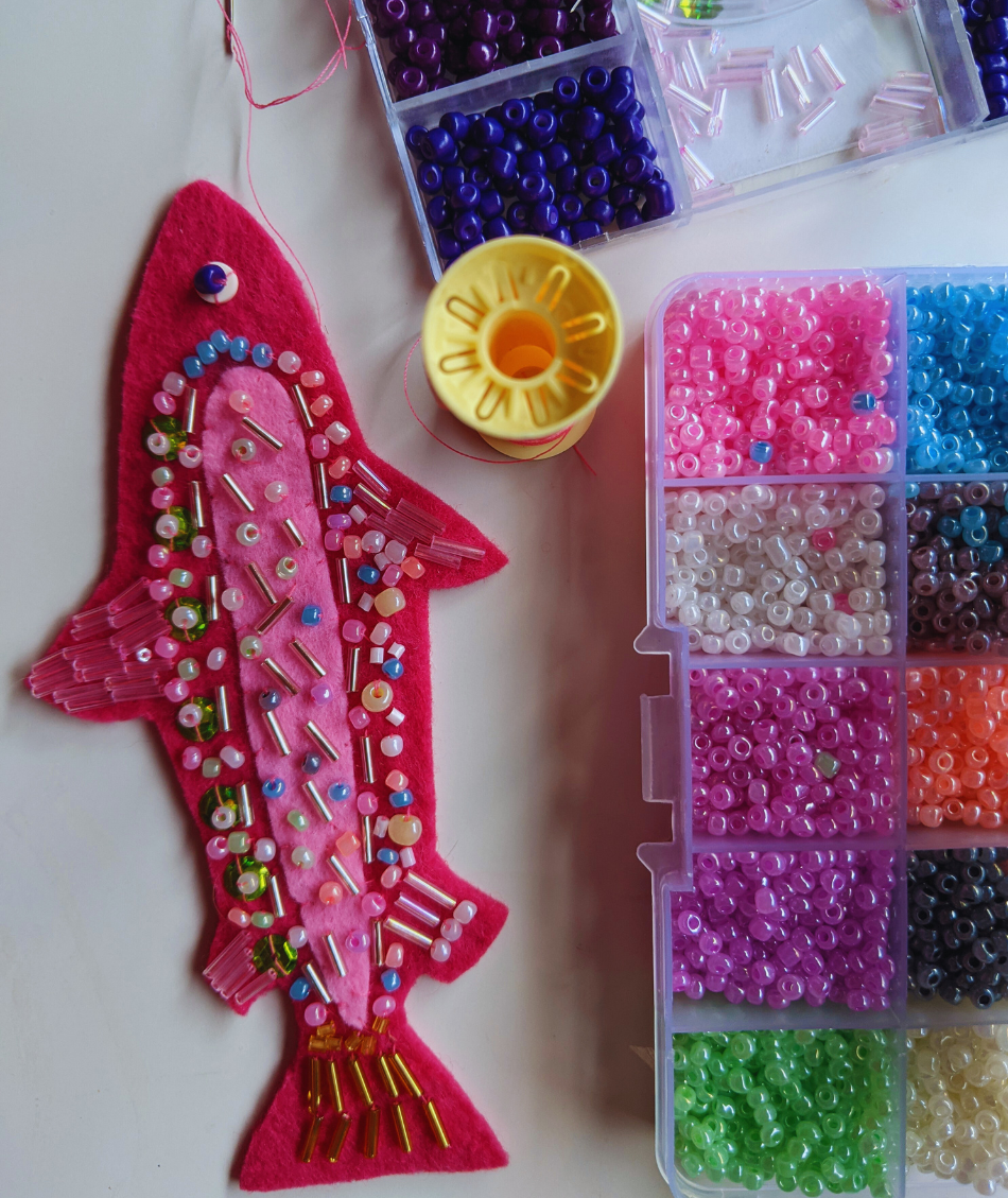 Beaded fish Christmas decoration works-in-progress