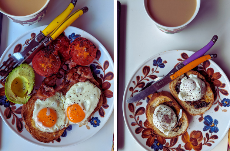 Two plates of breakfast - L/ bacon eggs tomato ant toast R/ promite toast with poached eggs