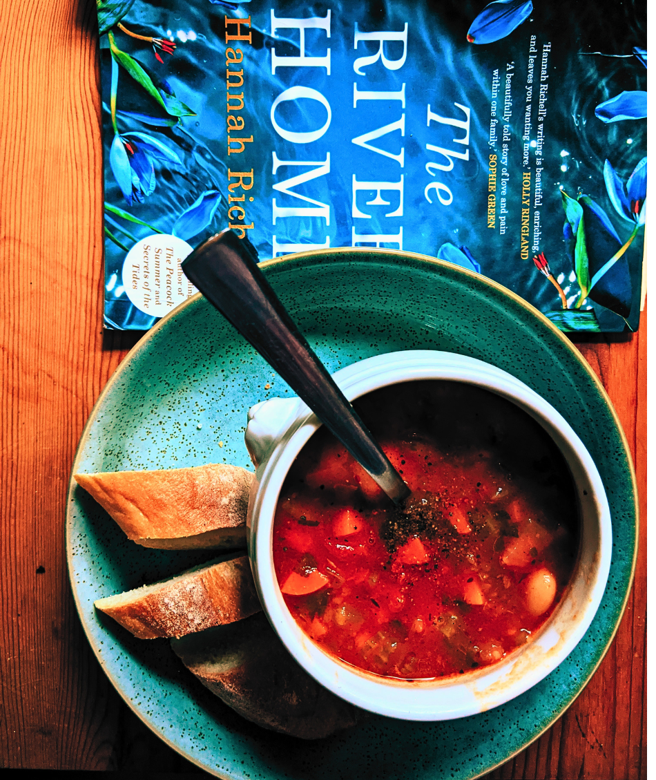 A cosy dinner of Greek-ish tomato and bean soup.