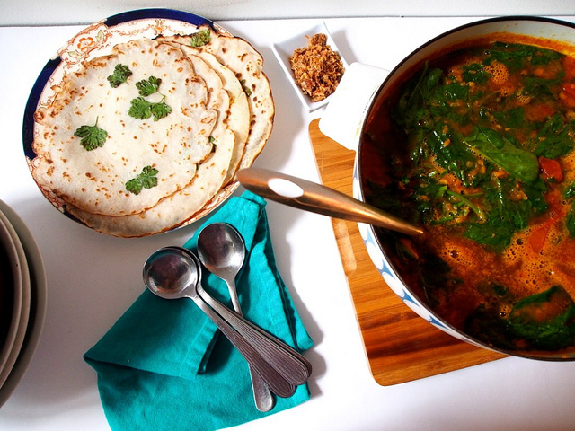 Spicy Indian Vegetable Soup with Herb Dosa