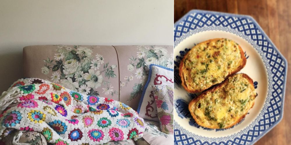 A floral couch and crocheted blanket plus pillows AND a plate of cheese on toast