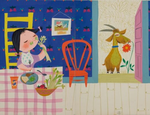 Illustration of child eating at dining table. there is a goat in the doorway. Artwork is by Mary Blair.