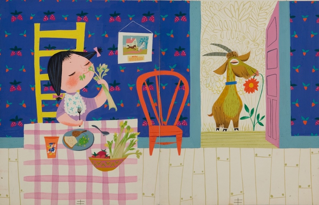 Illustration of child eating at dining table. there is a goat in the doorway. Artwork is by Mary Blair.