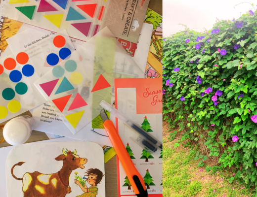 A back fence covered in lush green leaves and purple flowers + a tabletop cluttered with stickers, craft supplies, illustrations and card-making items.