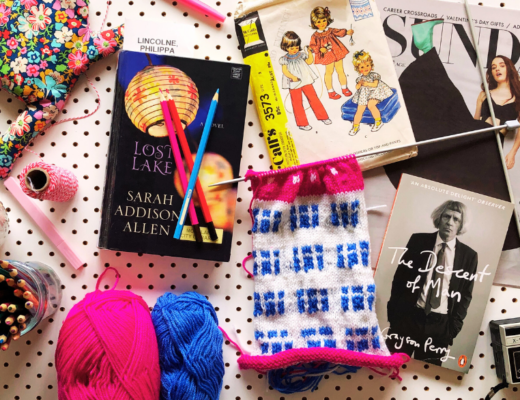 Jumble of my things and doings: books, knitting, yarn, pencils, stuffed frog, string
